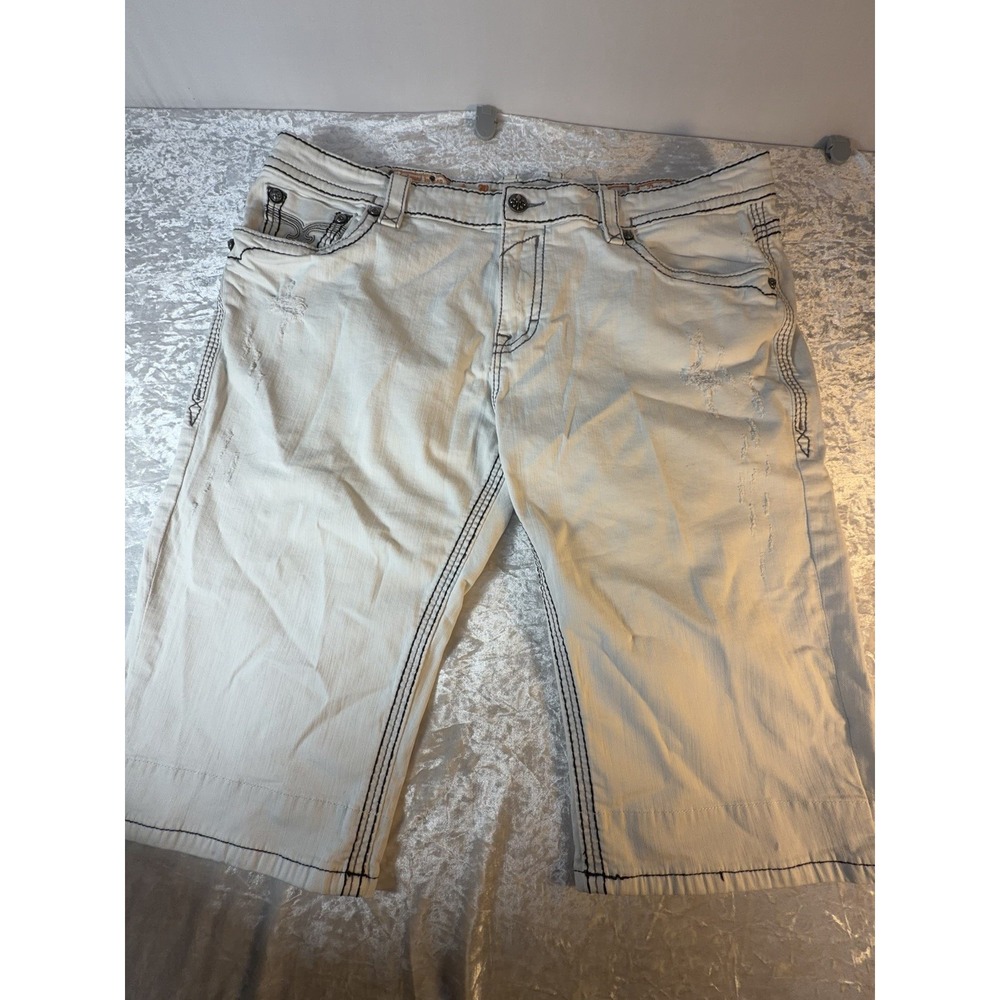 Rock‎ Revival Mens Shorts 44 White Black Stitch Distressed Fleur De Lis Y2K